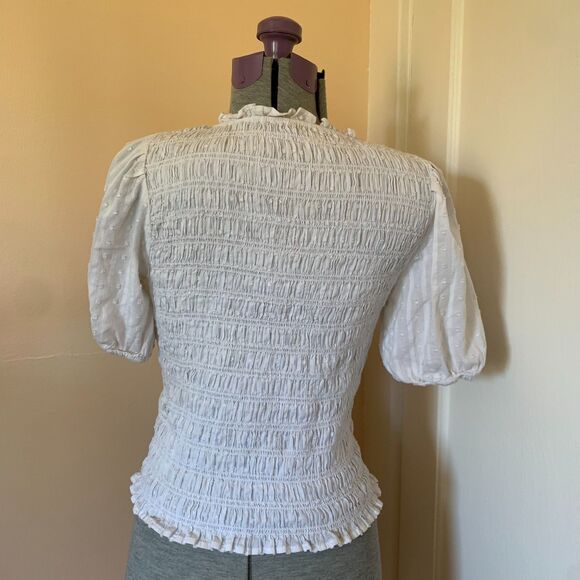 RE-IMAGINED by J. Crew White Smocked Puff Sleeve Textured Top Tee Swiss Dot XS - Picture 2 of 6
